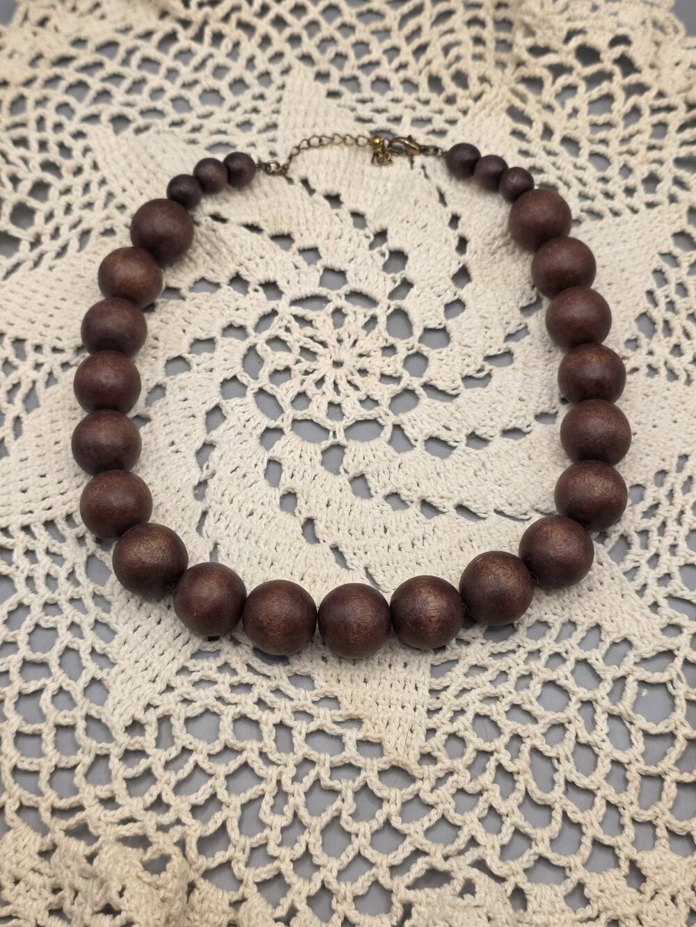 Vintage Chunky Brown Wood Bead Necklace Adjustable Brass Extender Chain Retro